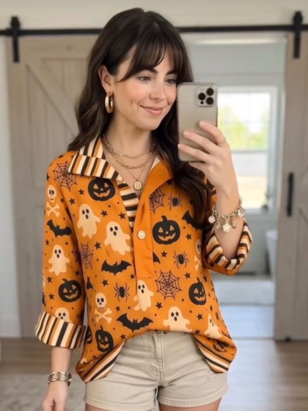 Women's Orange Halloween-Print Button-Up Blouse L